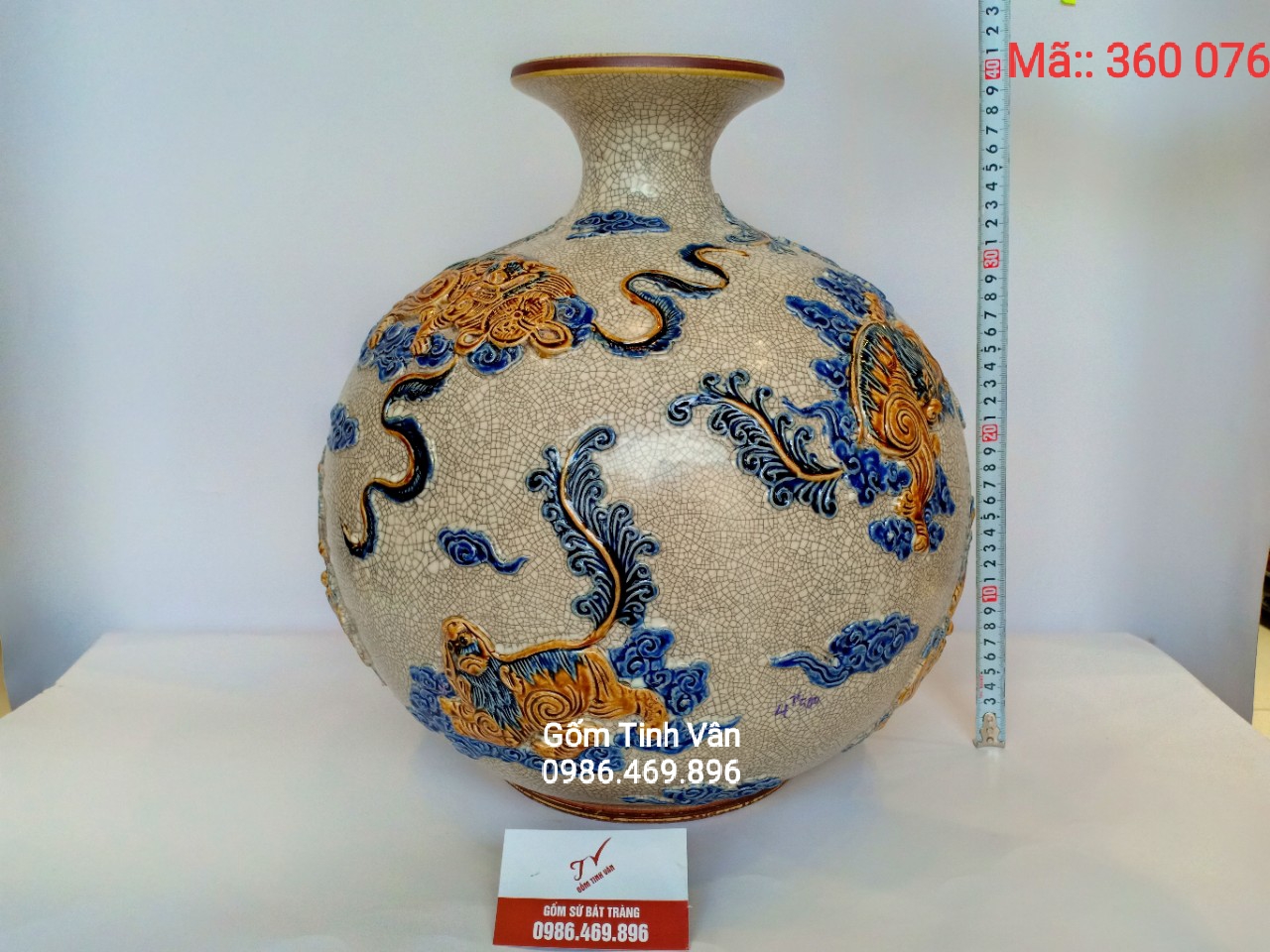 Bình hút tài lộc, tứ lân, mã 360076, men rạn cổ đắp nổi, cao 40 cm, gốm bát tràng, tinh vân