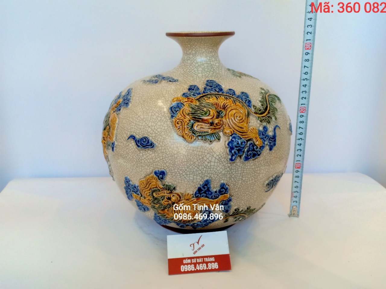 Bình hút tài lộc, tứ lân, mã 360082, men rạn cổ đắp nổi, cao 32 cm, gốm bát tràng, tinh vân