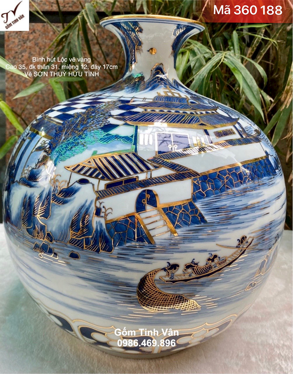 Bình hút tài lộc, xanh lam truyền thống vẽ vàng 24k, mã 360188, cao 35 dk 31 cm, vẽ cảnh sơn thuỷ hữu tình, gốm sứ bát tràng cao cấp