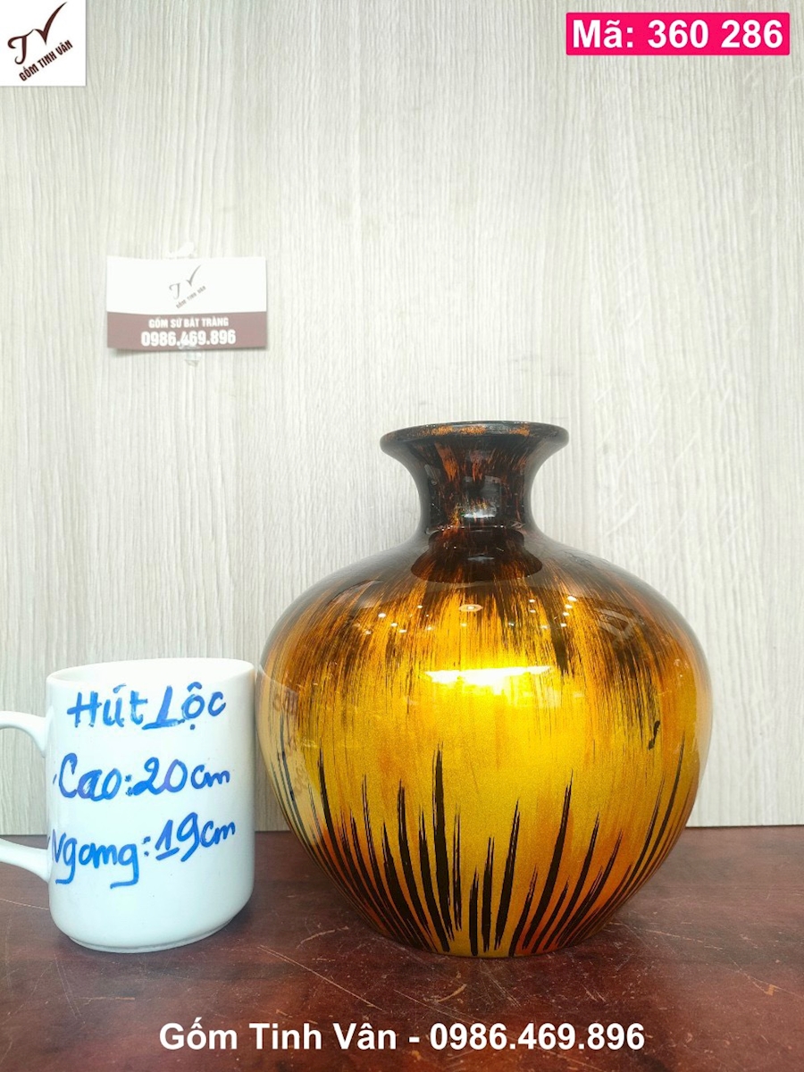 Bình gốm tụ tài lộc, mã 360286, gốm sơn mài, nâu vàng hoàng thổ, cao 20 cm, bát tràng tinh vân