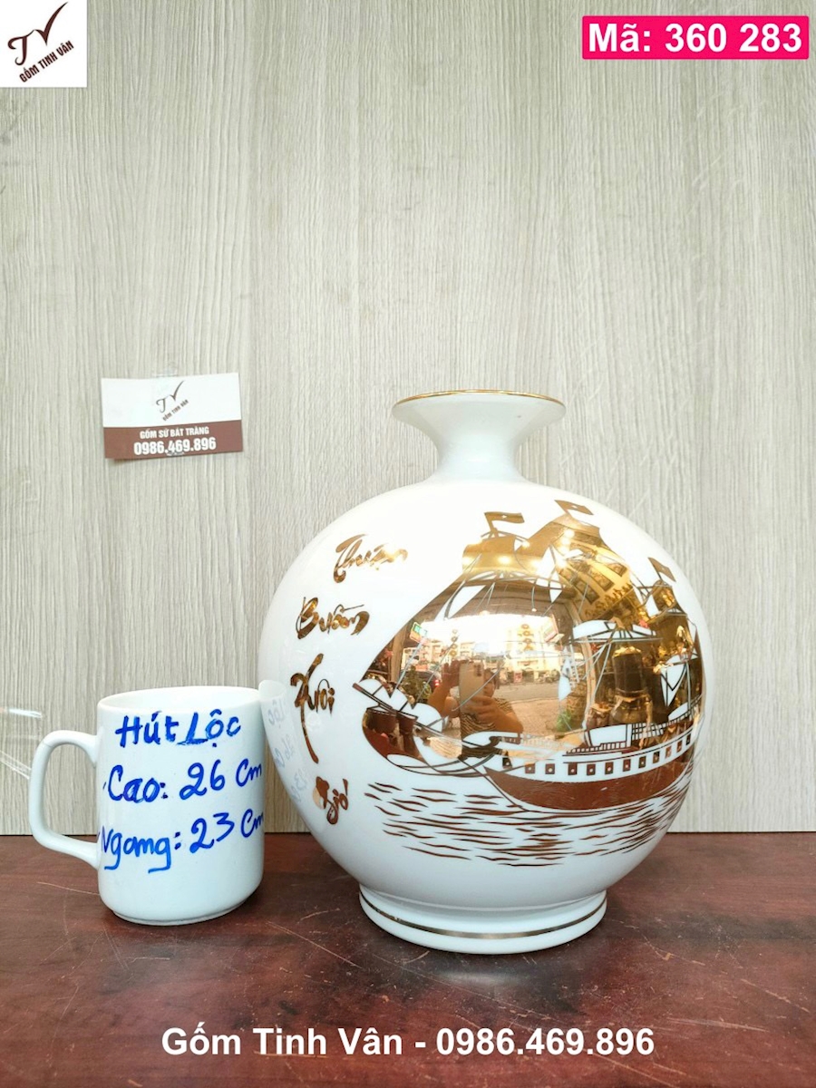 Bình hút tài lộc men trắng, cao 26cm, mã 360283, vẽ vàng 24k, thuận buồm xuôi gió, gốm bát tràng tinh vân