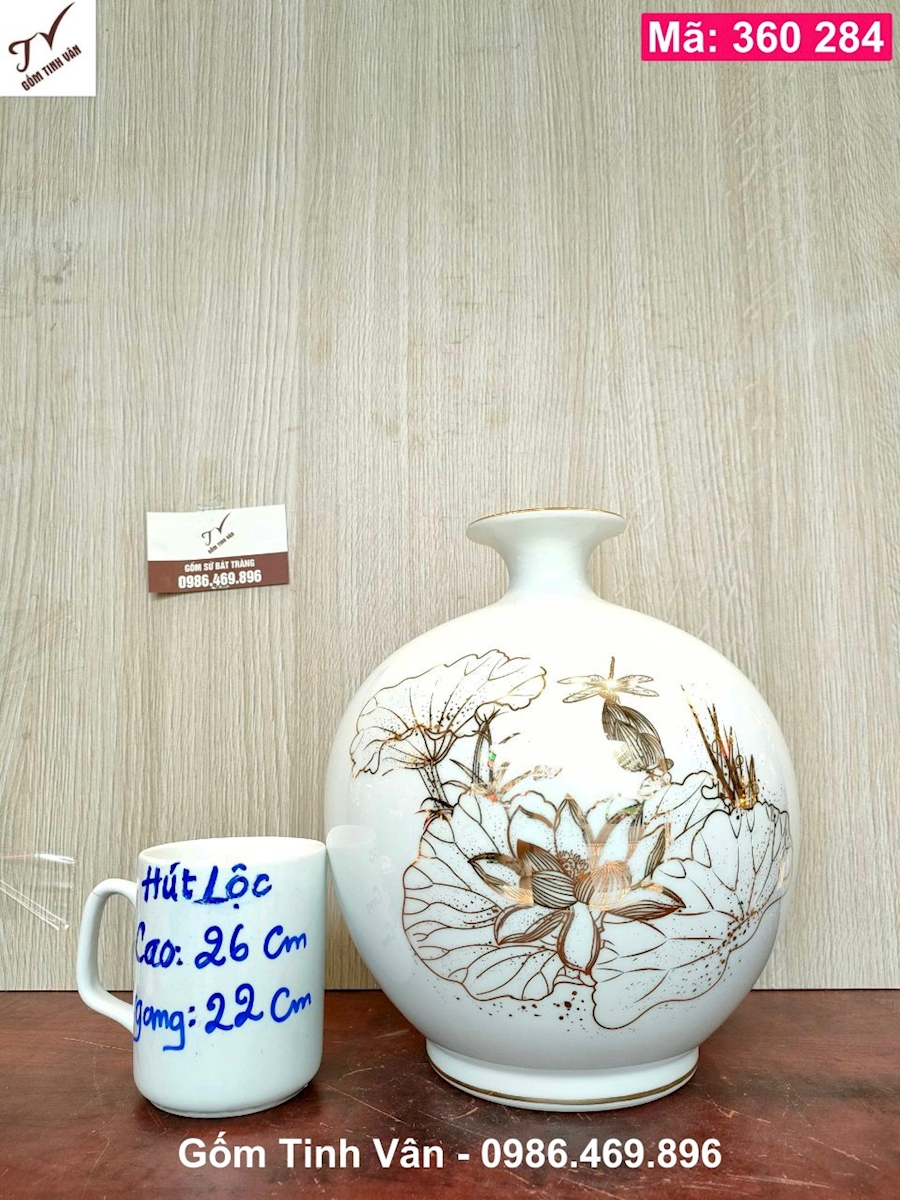 Bình hút tài lộc men trắng, cao 26cm, mã 360284, chuồn chuồn hoa sen, vẽ vàng 24k, , gốm bát tràng tinh vân
