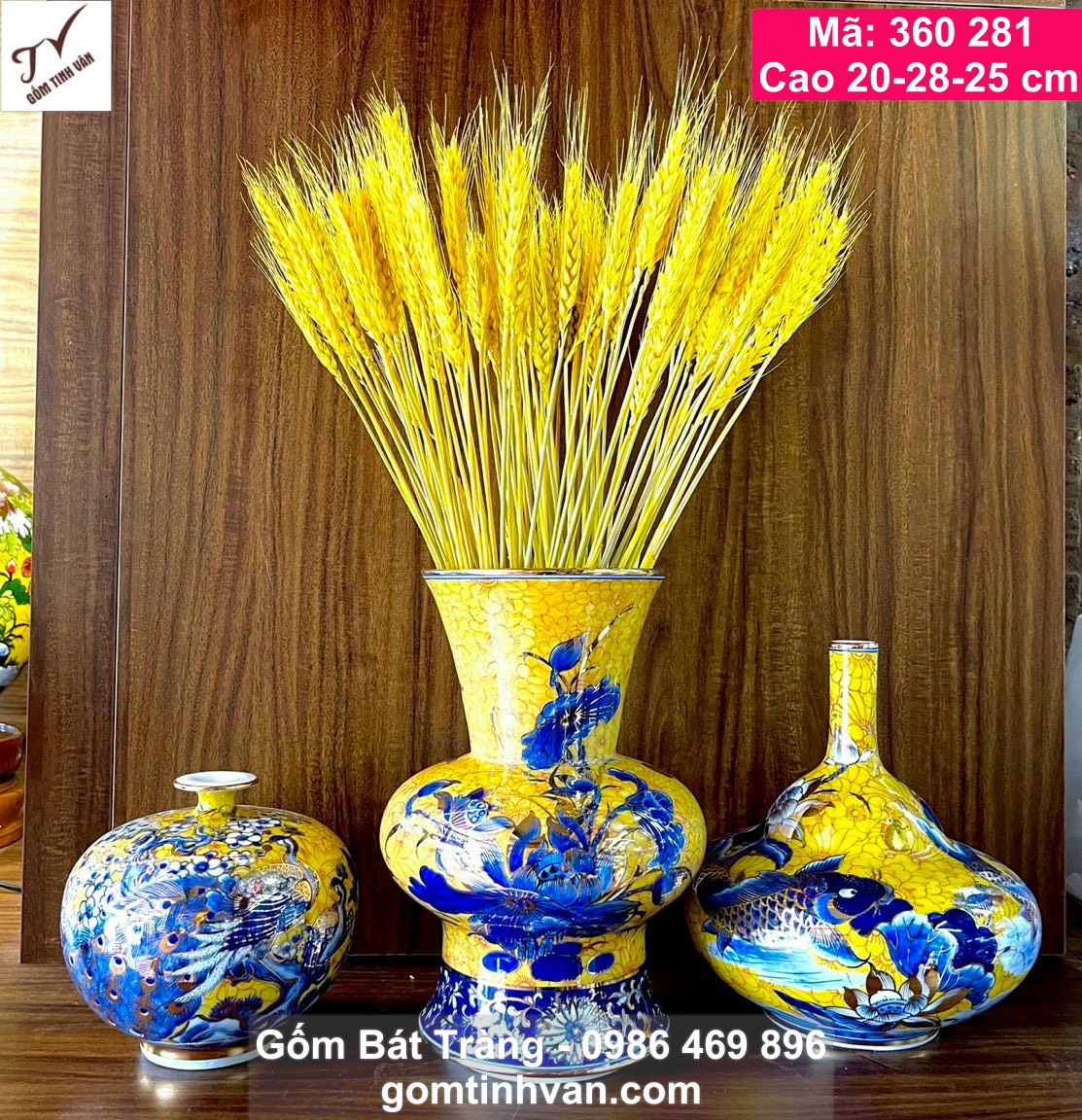 Bộ 3 bình hút tài lộc vẽ vàng 24 k, mã 360281, vuốt tay thủ công mỹ nghệ, cao 20-28-25 cm, vẽ tay cảnh cá chép hoa sen, chim công, vinh hoa phú quý, ý nghĩa phong thuỷ, gốm bát tràng tinh vân