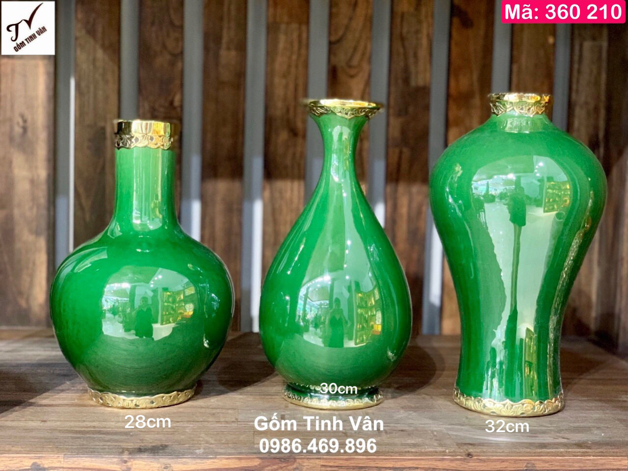 Bộ 3 bình phát lộc phong thuỷ, mã 360210, cao 28-30-32 cm, men xanh ngọc lục bảo, chạm viền đồng cao cấp, trưng bày, quà biếu sang trọng, gốm bát tràng tinh vân