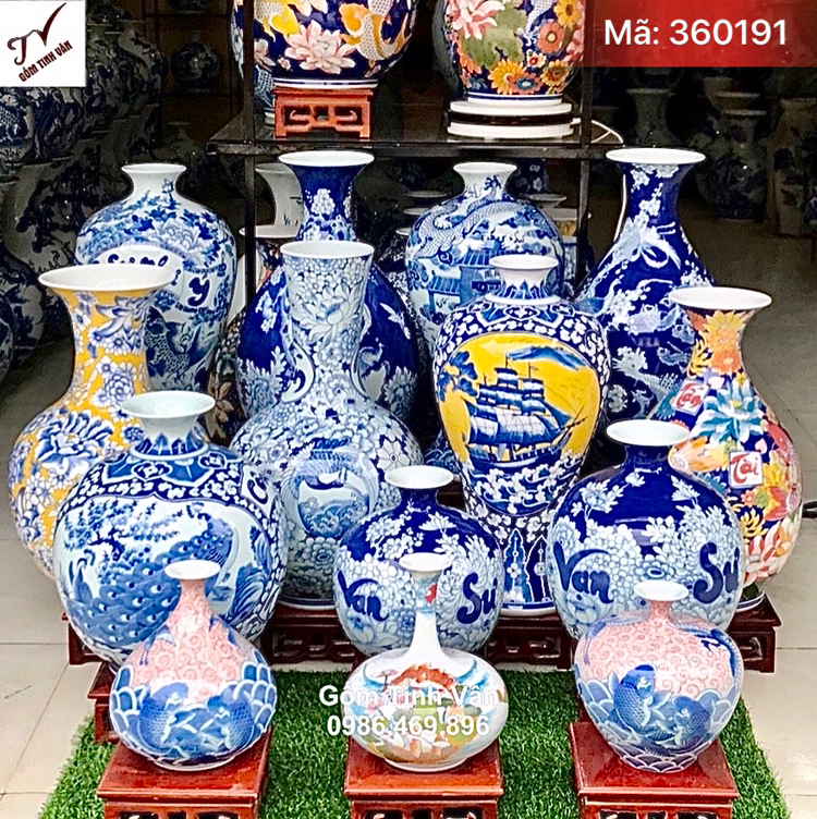 Bộ sưu tập mẫu mới nhất bình hút tài lộc, mã 360191, mai bình phú quý, bình dáng tỏi, hoa văn vẽ tay sắc nét, màu sắc tươi sáng, gốm sứ bát tràng tinh vân