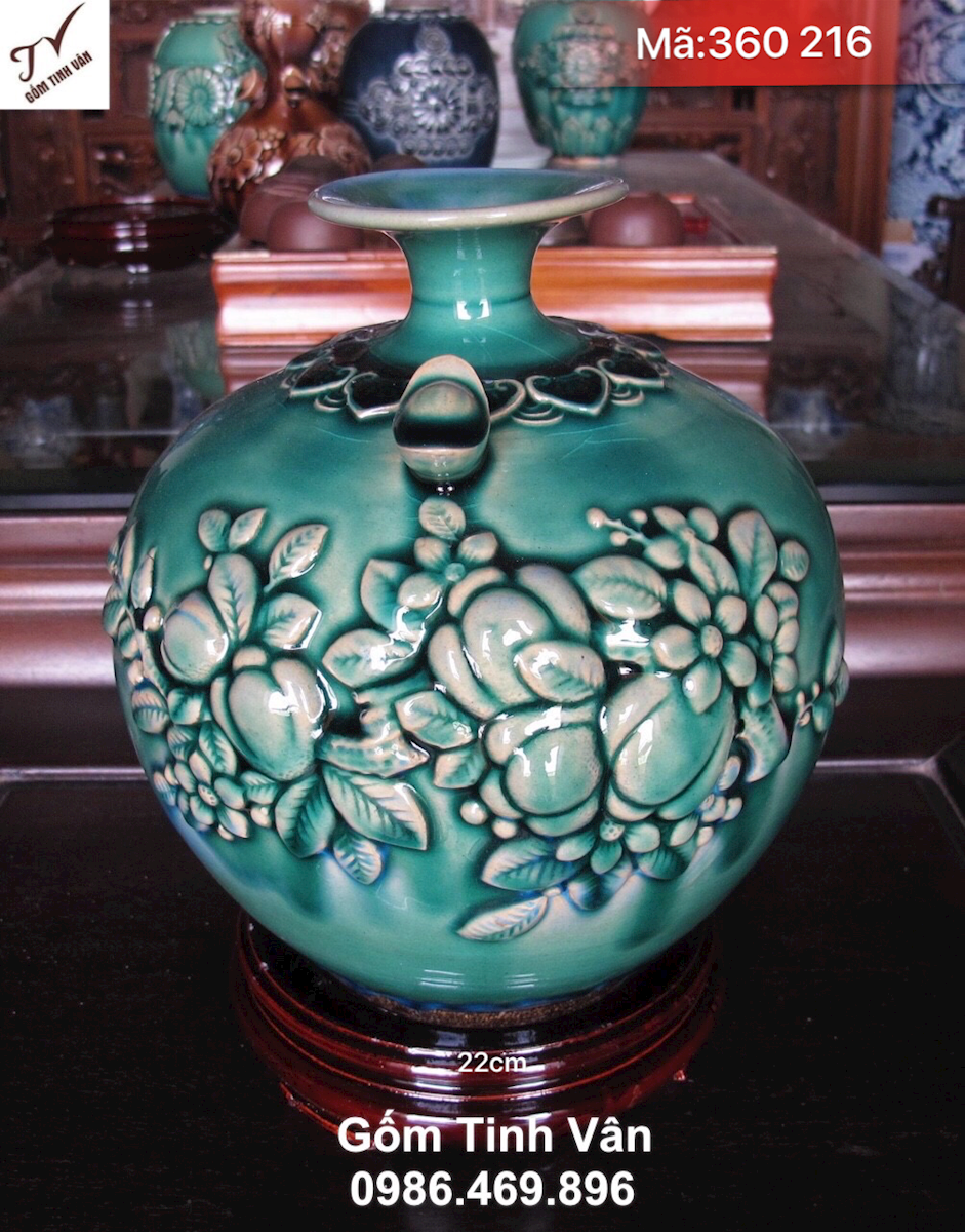 Bình hút tài lộc men xanh ngọc lục bảo, mã 360216, hoa văn đắp nổi 3D, cao 22 cm, bình phong thuỷ gốm bát tràng cao cấp