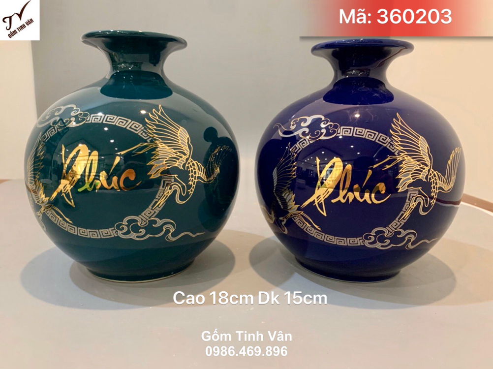 Cặp bình hút tài lộc men xanh dương mệnh thuỷ, xanh lục mệnh mộc, mã 360203, cao 18 đk 15cm, chữ phúc vẽ vàng 24 k,bình phong thuỷ bát tràng