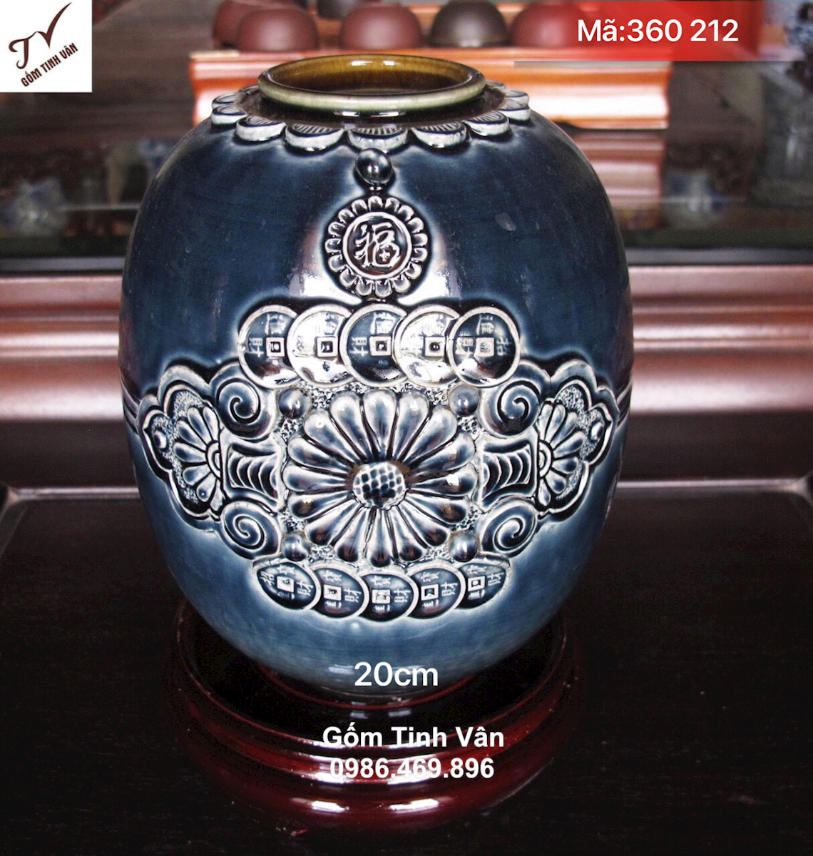 Bình gốm phong thuỷ phát tài phát lộc, cao 20 cm, mã 360212, men xanh dương hoả biến, mệnh thuỷ, chạm khắc hoa văn nổi 3D, gốm bát tràng cao cấp