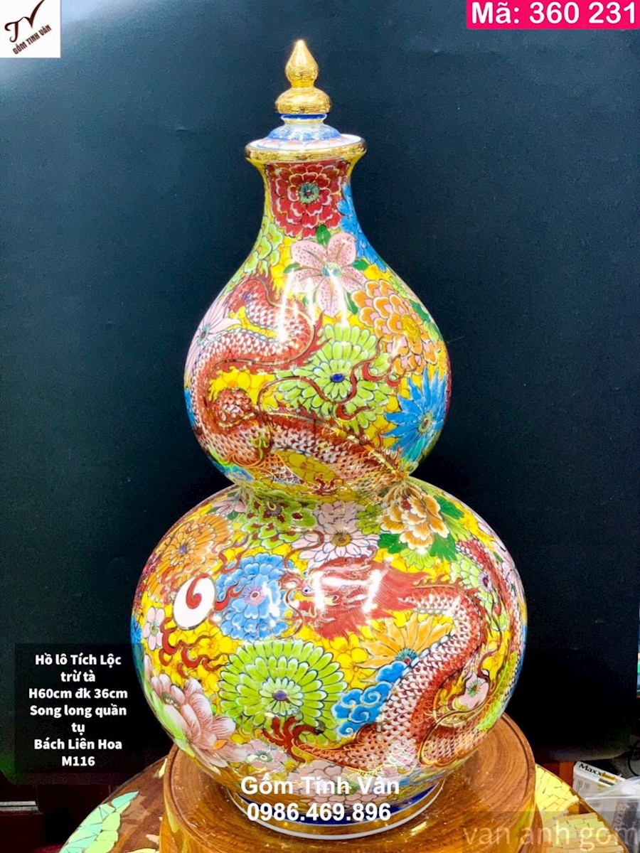 Hồ lô tích lộc trừ tà vẽ vàng 24k, mã 360231, hoa văn vẽ tay cảnh song long quần tụ bách liên hoa, cao 60 đk 36 cm, bình phong thuỷ gốm bát tràng cao cấp
