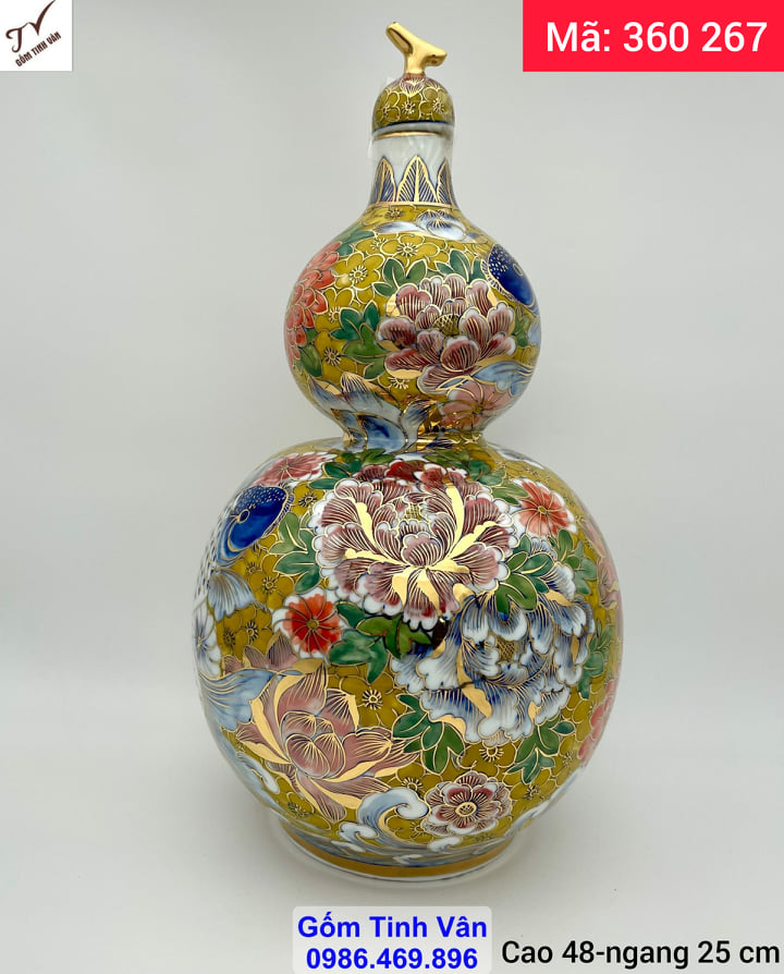 Hồ lô hút tài lộc vẽ vàng 24 k cao cấp, mã 360267, vẽ ngàn hoa phát tài, cá chép hoa sen, hoa văn vẽ kỹ tinh xảo sắc nét, cao 48 ngang 25 cm, bình đựng rượu trang trí trưng bày phong thủy,  gốm sứ bát tràng tinh vân