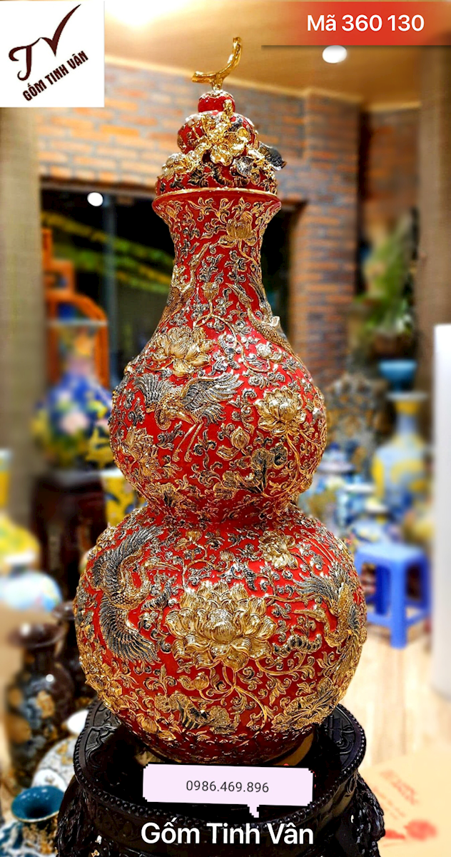 Hồ lô hút tài lộc, mã 360130, cao 60 cm, men đỏ, rát vàng, sen hạc, bách hạc, gốm sứ bát tràng, tinh vân, cao cấp