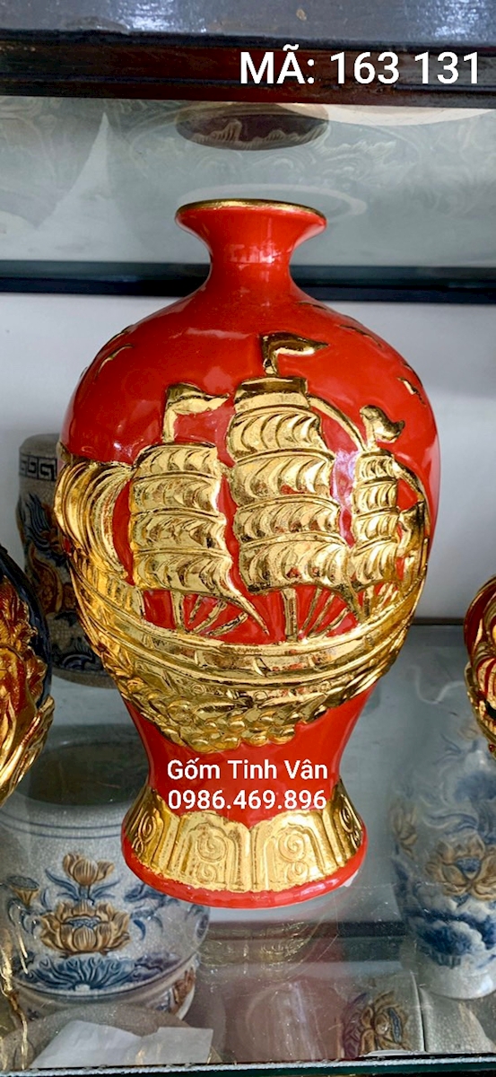 Mai bình hút lộc men đỏ, mã 360131, thuận buồm xuôi gió, rát vàng 24 k, gốm sứ bát tràng, tinh vân cao cấp, cao 45 cm