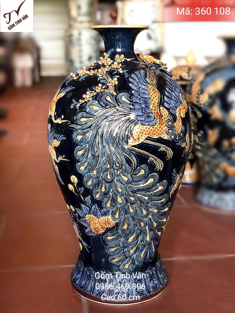 Mai bình hút lộc, mã 360108, cao 60 cm, men xanh dương, mệnh thủy, hoa văn chim công đắp nổi, vinh hoa phú quý, gốm bát tràng, tinh vân