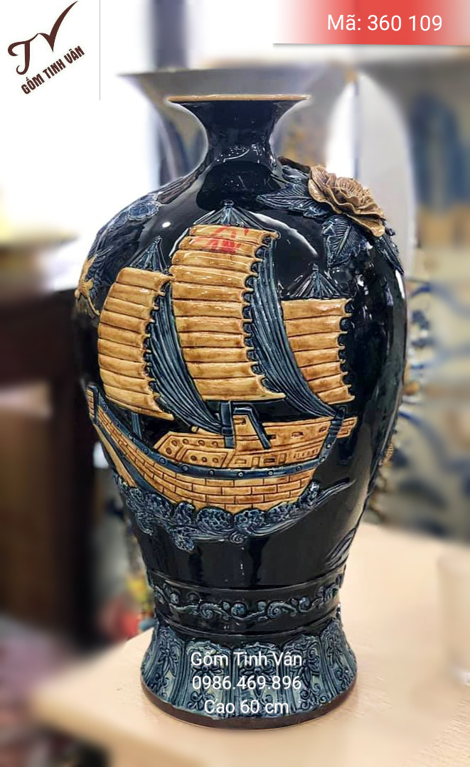 Mai bình hút lộc, mã 360109, cao 60 cm, men xanh dương, mệnh thủy, hoa văn thuận buồm xuôi gió đắp nổi,, gốm bát tràng, tinh vân