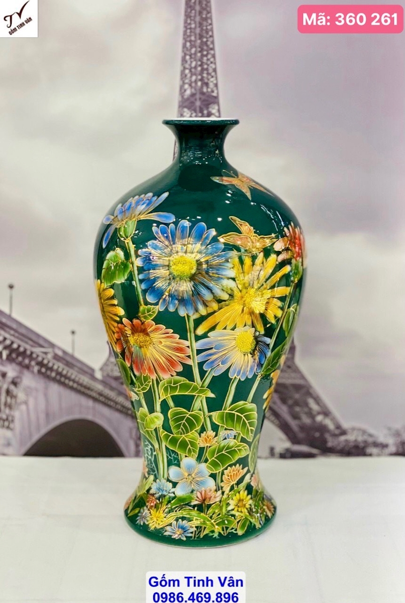 Mai bình hút tài lộc men xanh ngọc lục bảo vẽ vàng 24 k cao cấp, mã 360261, caoo 35 đk 25 cm, bình gốm phong thủy, gốm sứ bát tràng tinh vân