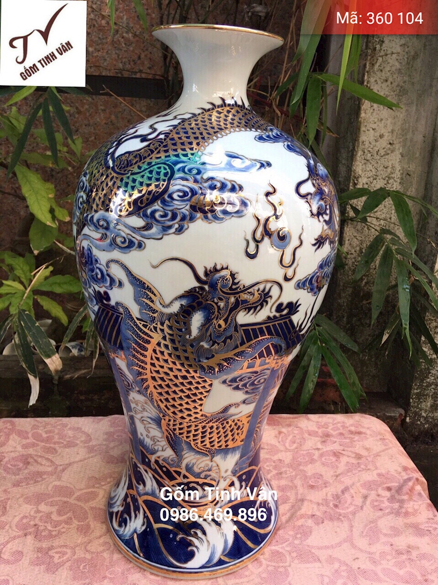 Mai bình hút tài lộc, mã 360104, vẽ vàng 24k, hoa văn rồng cuốn thuỷ, cao 50 cm, vẽ tay tinh xảo, gốm bát tràng, tinh vân