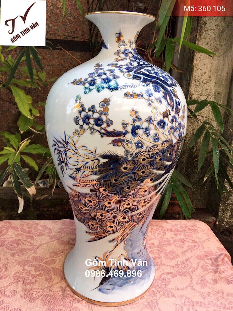 Mai bình hút tài lộc, mã 360105, vẽ vàng 24k, hoa văn chim công hoa đào, vinh hoa phú quý, cao 50 cm, vẽ tay tinh xảo, gốm bát tràng, tinh vân