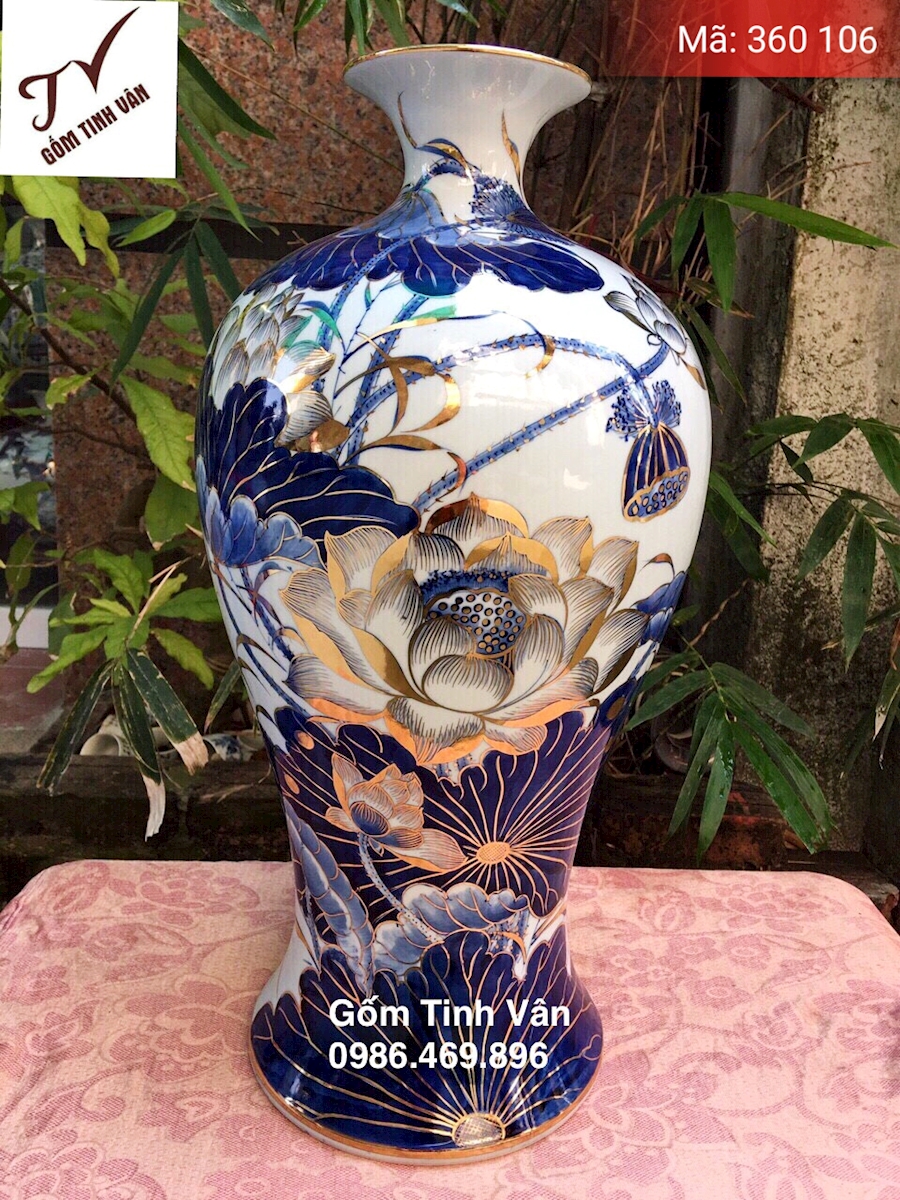 Mai bình hút tài lộc, mã 360106, vẽ vàng 24k, hoa văn hoa sen, bình an may mắn, cao 50 cm, vẽ tay tinh xảo, gốm bát tràng, tinh vân