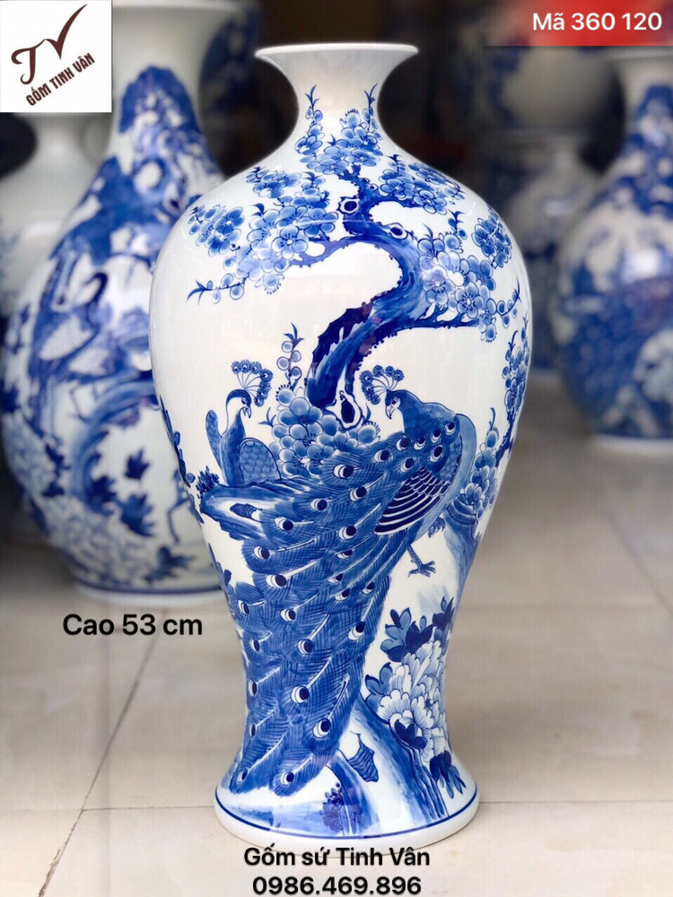 Mai bình hút tài lộc, mã 360120, vẽ tay cảnh chim công hoa đào, vinh hoa phú quý, cao 53 cm, gốm bát tràng, tinh vân