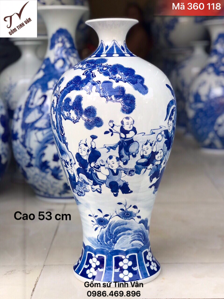 Mai bình phú quý, mã 360118, cảnh bách nhi bách phúc, hoa văn vẽ kỹ, màu lam cổ truyền thống, cao 53 cm, gốm bát tràng, tinh vân