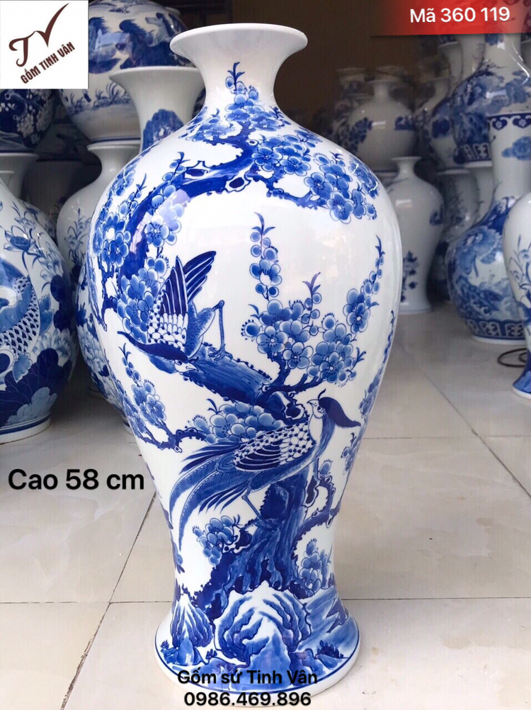 Mai bình phú quý, mã 360119, cảnh chim hoa, mùa xuân, đâm chồi nảy lộc, hoa văn vẽ kỹ, màu lam cổ truyền thống, cao 58 cm, gốm bát tràng, tinh vân