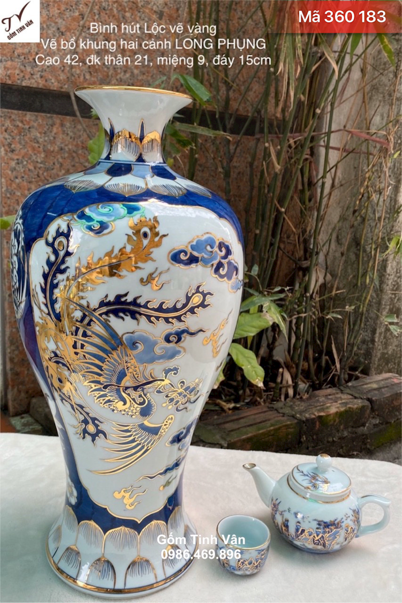 Mai bình phú quý nhị cảnh, long phụng sum vầy, mã 360183, hoa văn xanh lam truyền thống kết hợp vàng 24k, sang trọng đẳng cấp, cao 42 dk 21 cm, gốm sứ bát tràng tinh vân