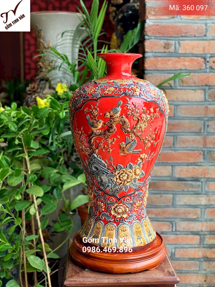 Mai bình phú quý, hút tài lộc, mã 360097,  bình phong thủy, cao 50cm, đắp nổi chim hoa, men đỏ, mệnh hoả, gốm bát tràng, tinh vân
