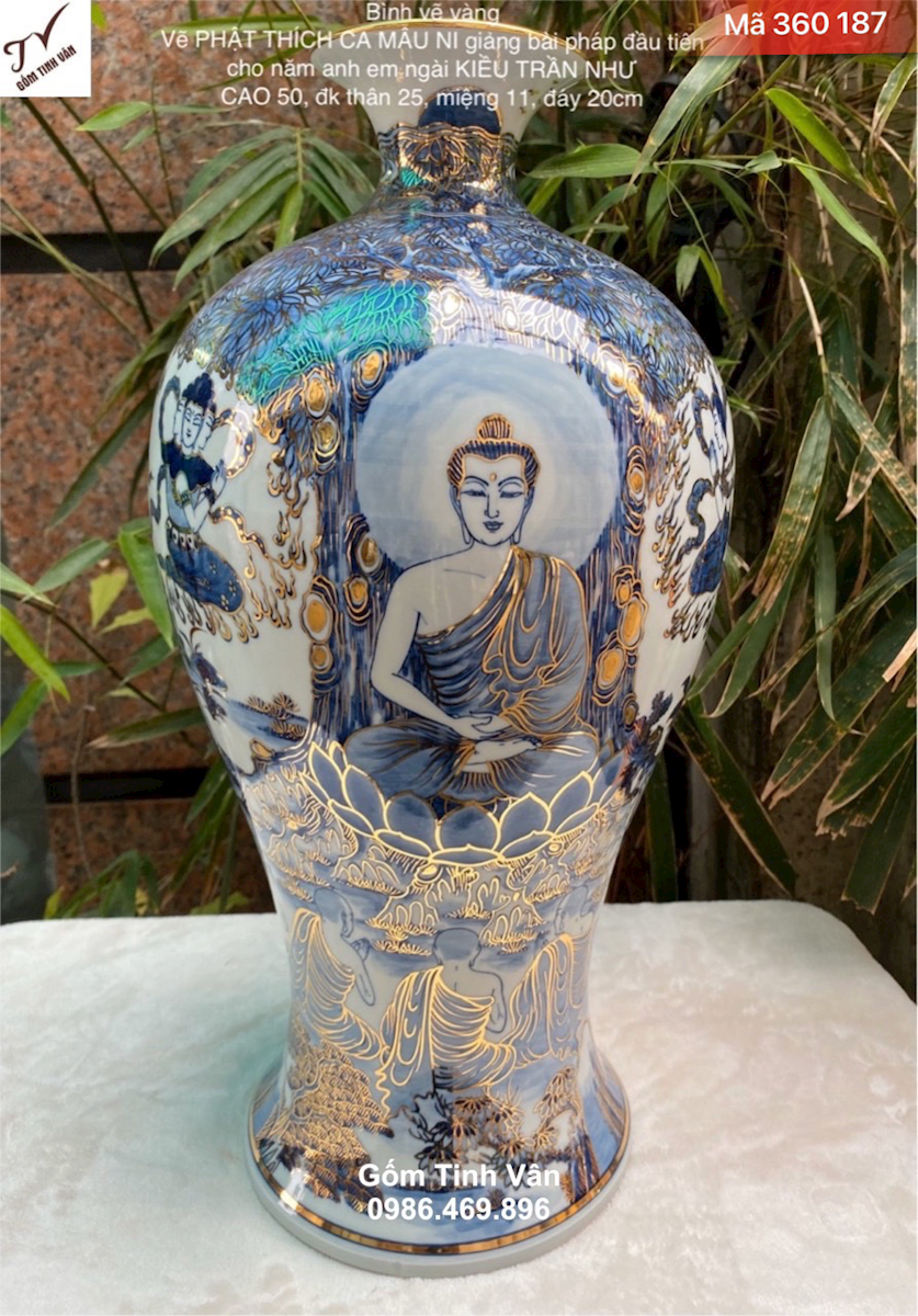 Mai bình phú quý, phật thích ca mẫu ni giảng bài phật pháp, mã 360187, hoa văn xanh lam truyền thống kết hợp vàng 24k, sang trọng đẳng cấp, cao 50 dk 25 cm, gốm sứ bát tràng tinh vân