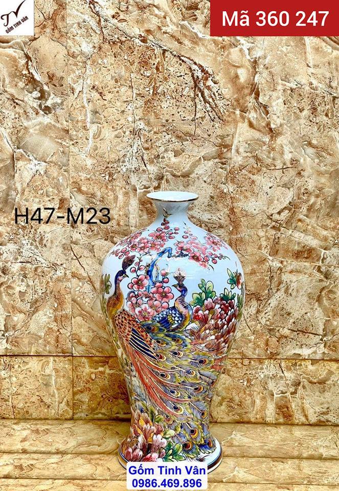 Mai bình tích lộc, mã 360247, hoa văn vẽ tay tinh xảo, chim công hoa đào, vinh hoa phú quý, vẽ vàng 24 k sang trọng, đẳng cấp, bình gốm phong thủy giá trị, cao 47 ngang 23 cm, gốm sứ bát tràng tinh vân