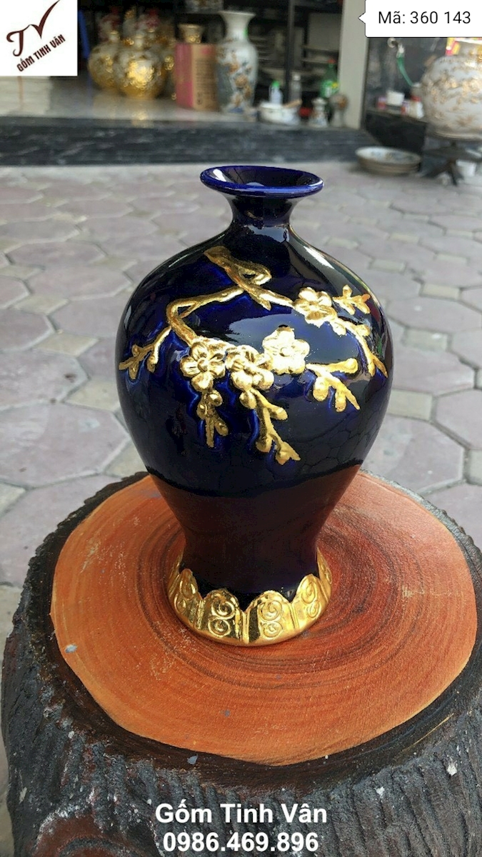 Mai bình tích lộc rát vàng 24k, hoa đào đắp nổi tinh tế, sang trọng, men xanh đen huyền bí, gốm sứ bát tràng tinh vân