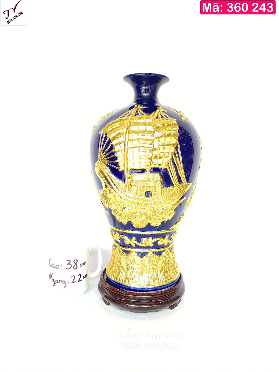 Mai bình tích lộc rát vàng 24k, mã 360243, cảnh thuận buồm xuôi gió, đắp nổi 3D, cao 38 ngang 22 cm, men xanh lam tím, bình phong thuỷ gốm bát tràng tinh vân