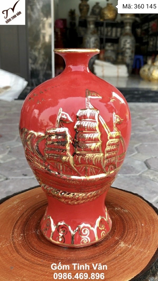Mai bình tích lộc thuận buồm xuôi gió, mã 360145, rát vàng 24k, đắp nổi 3D tinh tế, sang trọng, men đỏ mệnh hoả, quà tặng giá trị, đẳng cấp, gốm sứ bát tràng tinh vân