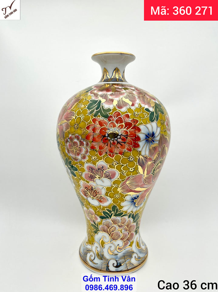 Mai bình tích lộc vẽ ngàn hoa, mã 360271, cao 36 ngang 19 cm, hoa văn vẽ tinh xảo, do nghệ nhân chế tác, bình gốm phong thủy, gốm sứ bát tràng tinh vân