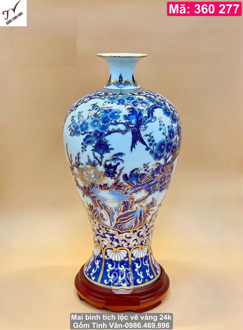 Mai bình tích lộc vẽ vàng 24 k, mã 360277, cao 36 cm, tặng kèm chân đế gỗ hương cao cấp, hoa văn vẽ tay sắc nét, cảnh chim hoa mùa xuân đâm trồi nảy lộc, và cảnh thuận buồm xuôi gió, bình gốm phong thủy bát tràng tinh vân