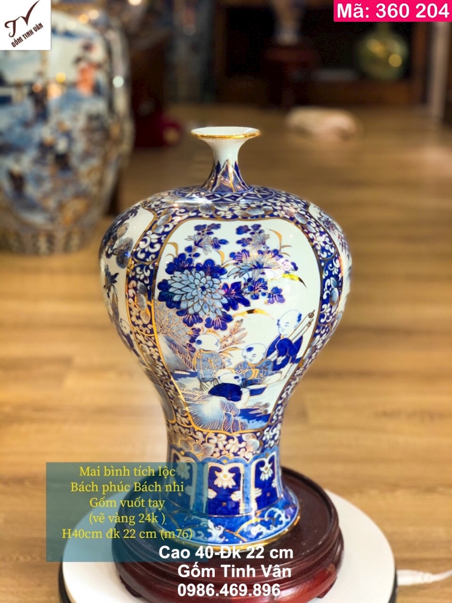 Mai bình tích lộc, vẽ vàng 24k, mã 360204, gốm vuốt tay, vẽ cảnh bách nhi bách phúc, xanh lam truyền thống, hoa văn vẽ kỹ sắc nét, bình gốm phong thuỷ hút tài lộc, cao 40cm, đường kính 22cm, Gốm sứ Bát Tràng Tinh Vân