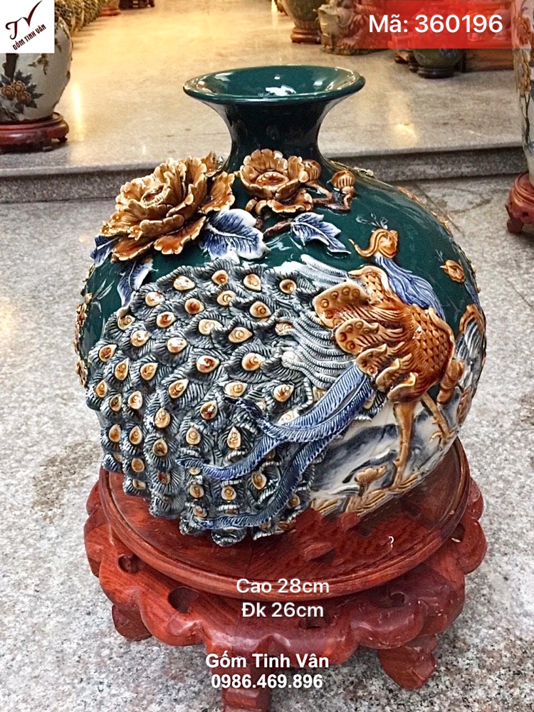 Bình hút tài lộc men ngọc lục bảo, mệnh thuỷ, mã 360196, chim công đắp nổi 3D, vinh hoa phú quý, cao 28 đl 26 cm, gốm bát tràng cao cấp