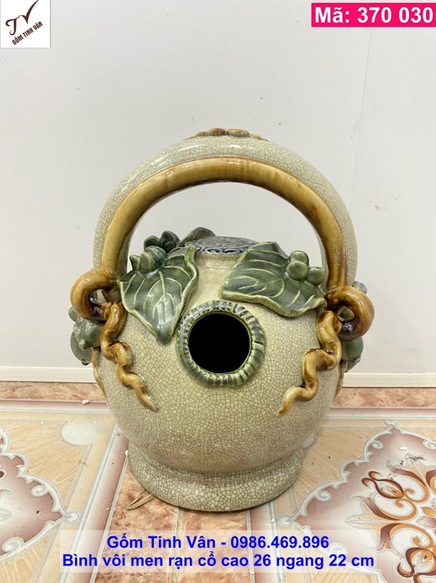 Bình vôi men rạn cổ, mã 370030, cao 26 ngang 22 cm, bình vôi phong thuỷ đắp nổi, gốm bát tràng tinh vân
