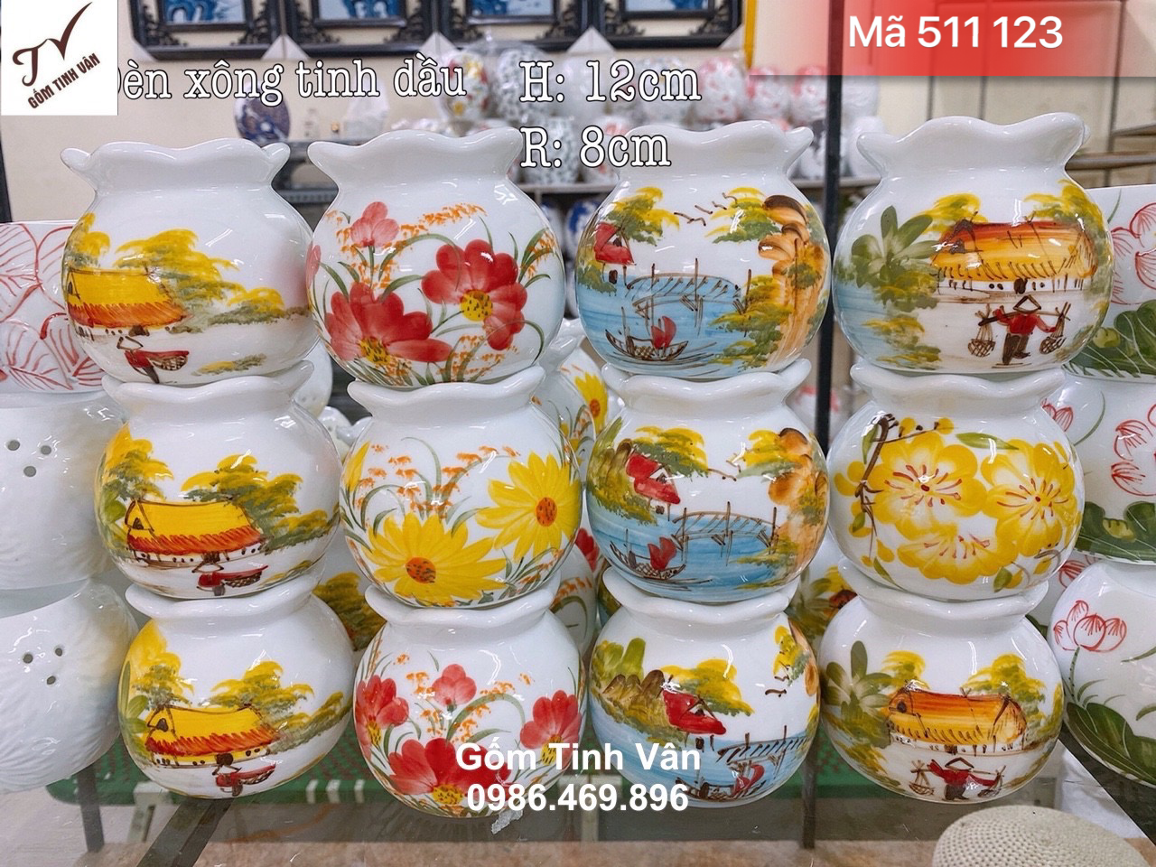 Các mẫu đèn xông tinh dầu mới nhất, cao 13 cm, dáng miệng lượn, hoa văn vẽ tay phong cảnh và hoa lá, sứ thấu quang, gốm bát tràng cao cấp