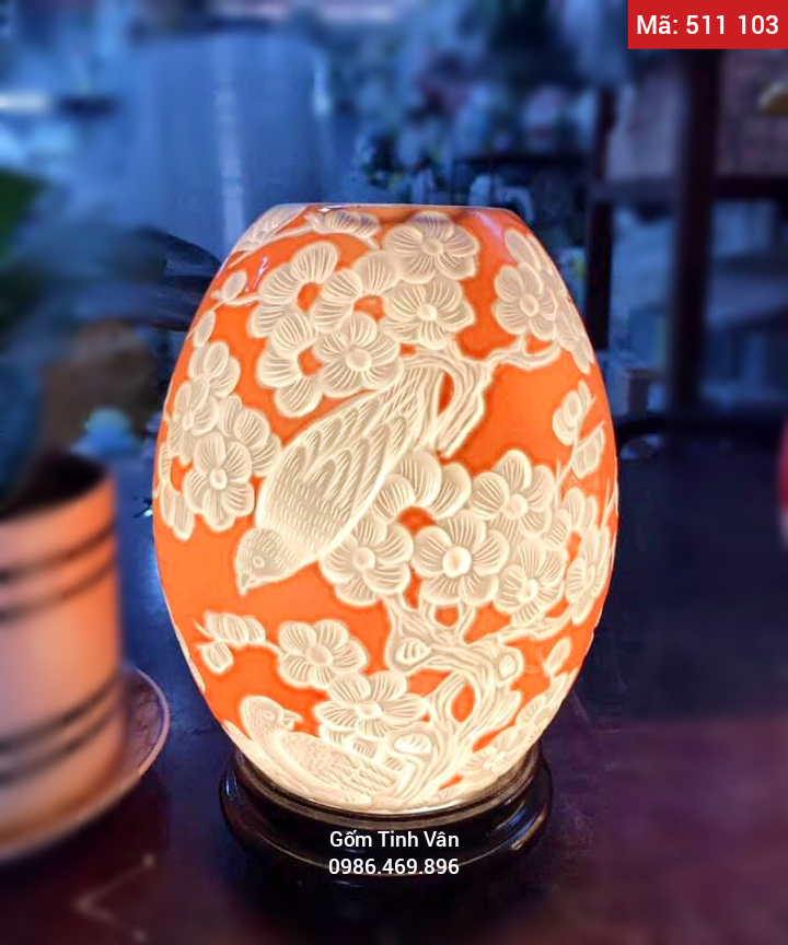 Đèn xông tinh dầu điện, mã 511103, hoa văn chạm khắc, chim hoa nền cam, cao 24 cm, gốm bát tràng, tinh vân
