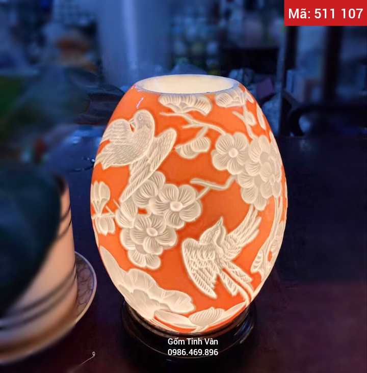 Đèn xông tinh dầu điện, mã 511107, hoa văn chạm khắc, chim hoa nền cam, cao 24 cm, gốm bát tràng, tinh vân