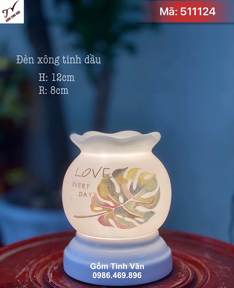 Đèn xông tinh dầu điện, mã 511124, miệng lượn, vẽ chiếc lá, cao 12 đk 8 cm, sứ thấu quang cao cấp, làm đèn ngủ, xông tinh dầu, gốm bát tràng tinh vân