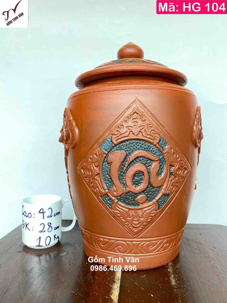 Hũ gạo tài lộc gốm tử sa đắp nổi 3D, mã HG104, đựng 10kg, cao 42 đk 28 cm, đựng gạo ngon, giữ khô gạo, hũ gạo phong thuỷ mang tài lộc cho gia chủ