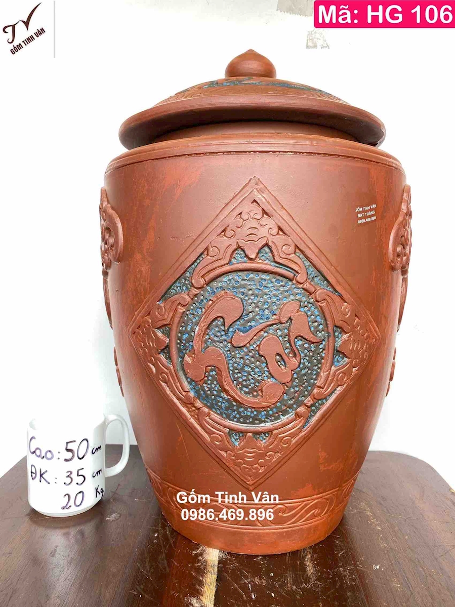 Hũ gạo tài lộc gốm tử sa đắp nổi 3D, mã HG106, đựng 20 kg, cao 50 đk 35 cm, đựng gạo ngon, giữ khô gạo, hũ gạo phong thuỷ mang tài lộc cho gia chủ