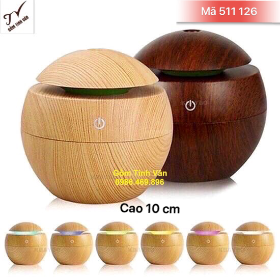 Máy khuyếch tán tinh dầu bằng gỗ dáng tròn, mã 511126, đèn thay đổi 7 màu, nút cảm ứng, tạo ẩm phòng điều hoà, xông tinh dầu, cao 10 cm, gốm tinh vân