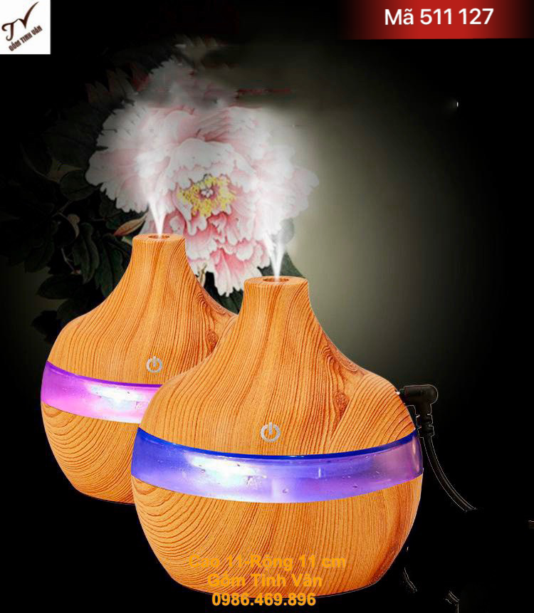 Máy khuyếch tán tinh dầu bằng gỗ dáng túm, mã 511127, đèn thay đổi 7 màu, nút cảm ứng, tạo ẩm phòng điều hoà, xông tinh dầu, cao 11 cm, gốm tinh vân