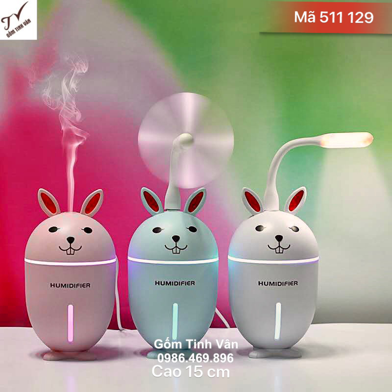 Máy khuyếch tán tinh dầu con thỏ nhựa, cao 15 cm, mã 511129, đèn thay đổi 7 màu, tạo ẩm phòng điều hoà, tặng thêm đèn led và quạt xông tinh dầu, dung tích 300 ml, chứa nhiều nước, dùng được lâu, gốm tinh vân