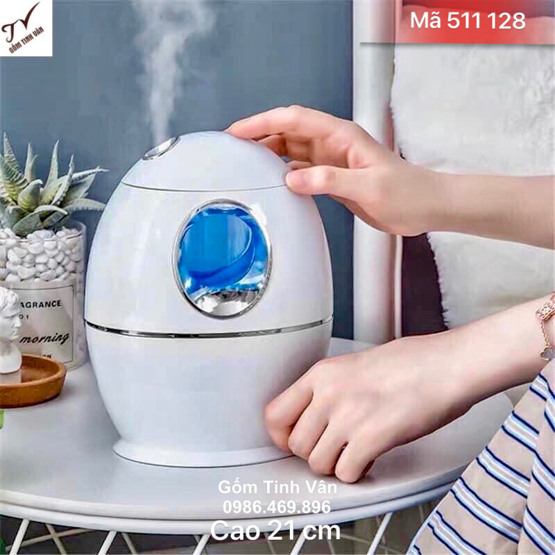 Máy khuyếch tán tinh dầu nhựa trắng, dáng ovan, cao 21 cm, mã 511128, đèn thay đổi 7 màu, nút cảm ứng, tạo ẩm phòng điều hoà, xông tinh dầu, dung tích 1 lit, chứa nhiều nước, dùng được lâu, gốm tinh vân
