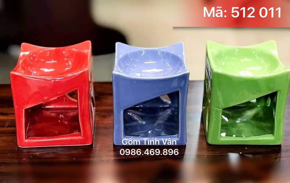 Set 3 đèn xông tinh dầu nến (đèn cầy), mã 512011, dáng vuông, khắc hoa văn, gốm bát tràng, tinh vân