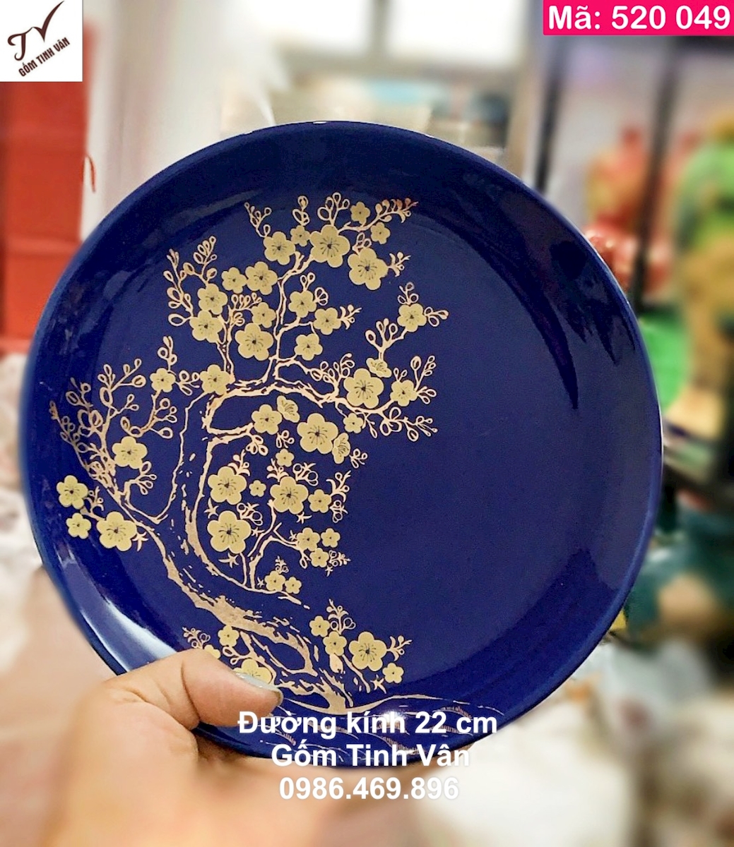 Đĩa cảnh men xanh lam truyền thống, mã 520049, đường kính 22cm, hoa đào vàng 24k, trưng bày, quà biếu tặng sang trọng, gốm bát tràng cao cấp