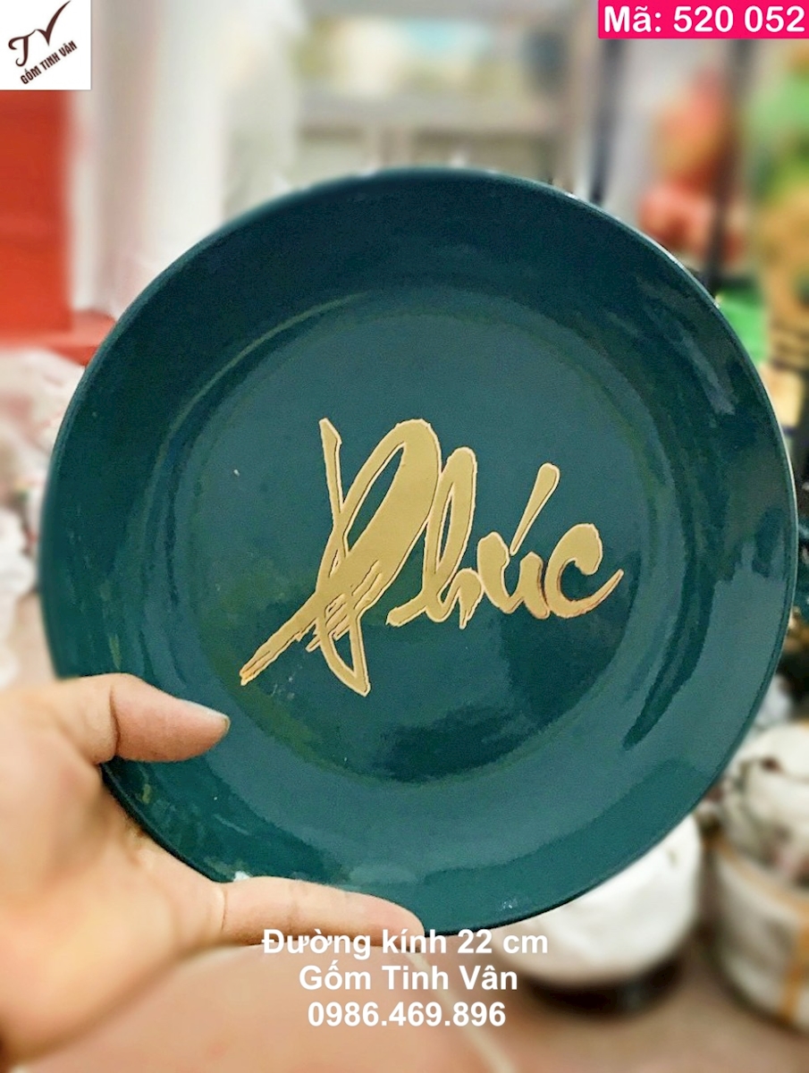 Đĩa cảnh men xanh ngọc lục bảo, mã 520052, đường kính 22cm, chữ phúc vẽ vàng 24k, trưng bày, quà biếu tặng sang trọng, gốm bát tràng cao cấp